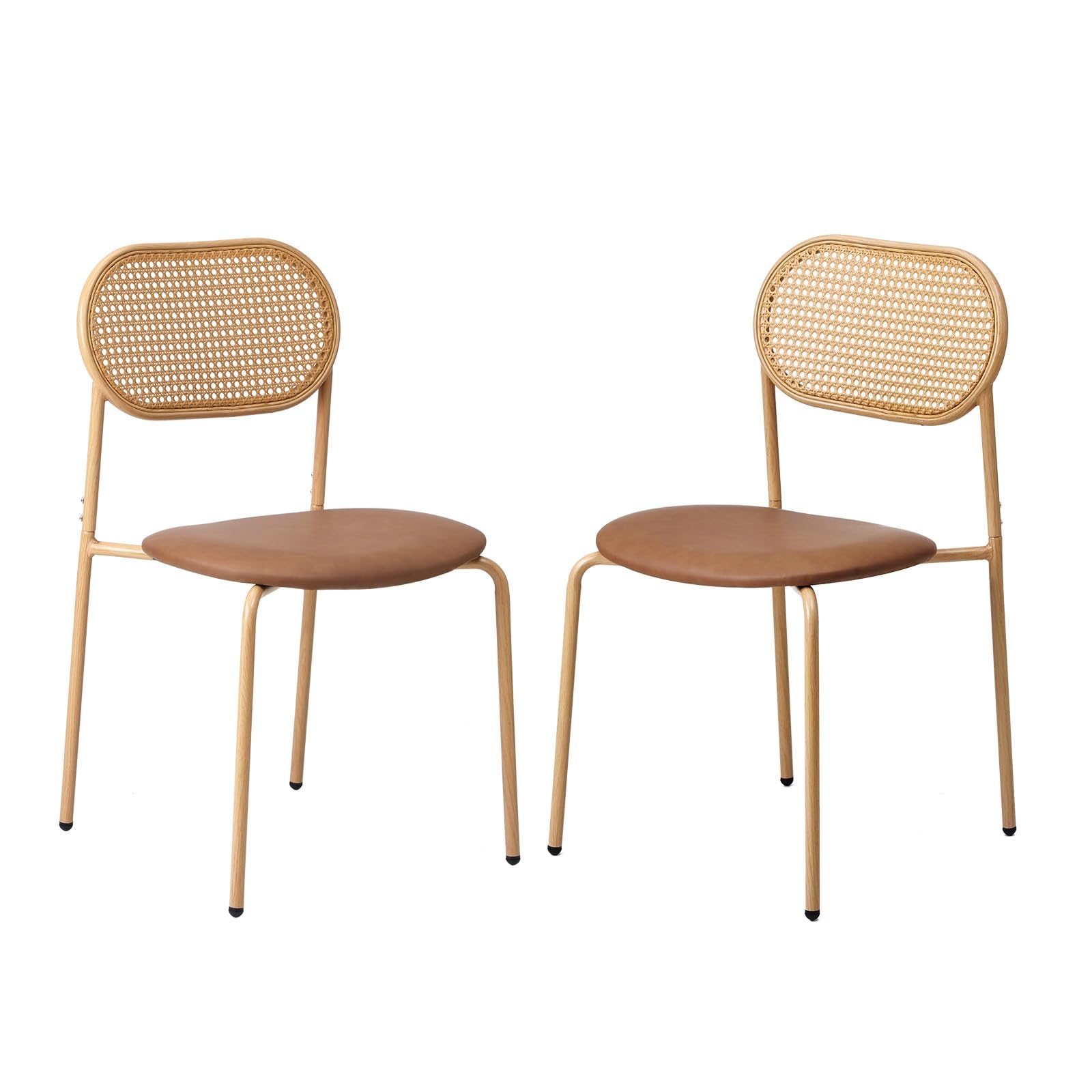 Oikiture 2pcs Dining Chair Rattan Chairs PU Leather Brown