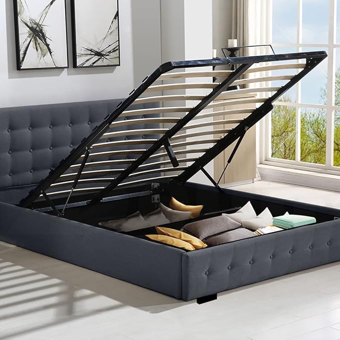 Levede Gas Lift Bed Frame Fabric Base Mattress Storage King Size Dark Grey