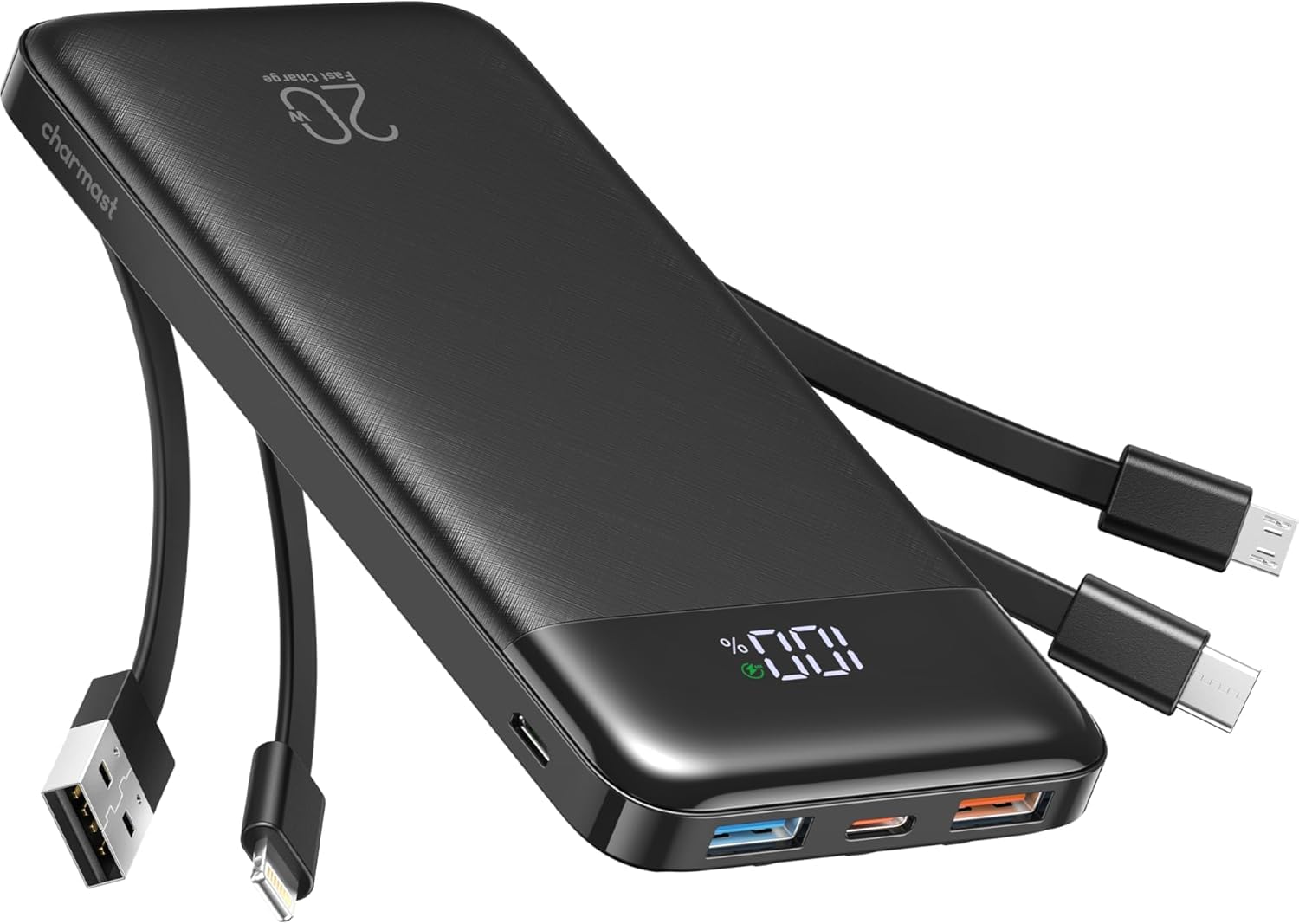 Charmast 20000mAh Power Bank 22.5w Built in 4 Cables, Slim USB C Portable Charger, Led Display Battery Pack With 5 Output and 4 Input,Compatible