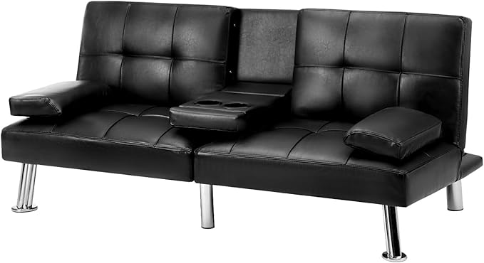 Oikiture Sofa Bed Futon Convertible Leather Lounge Couch 3-Seater Recliner Black
