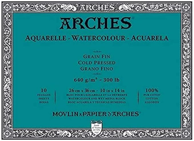 Arches Aquarelle Pad of 10 Sheets 26 x 36 cm Glued 4 Sides 640 g/m Satin Grain, Natural White, 4 Free Edges