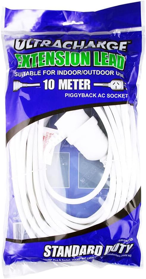 Ultracharge 10m Cord Extension Power 10A Lead AU NZ Cable W Piggy Back Plug WHT