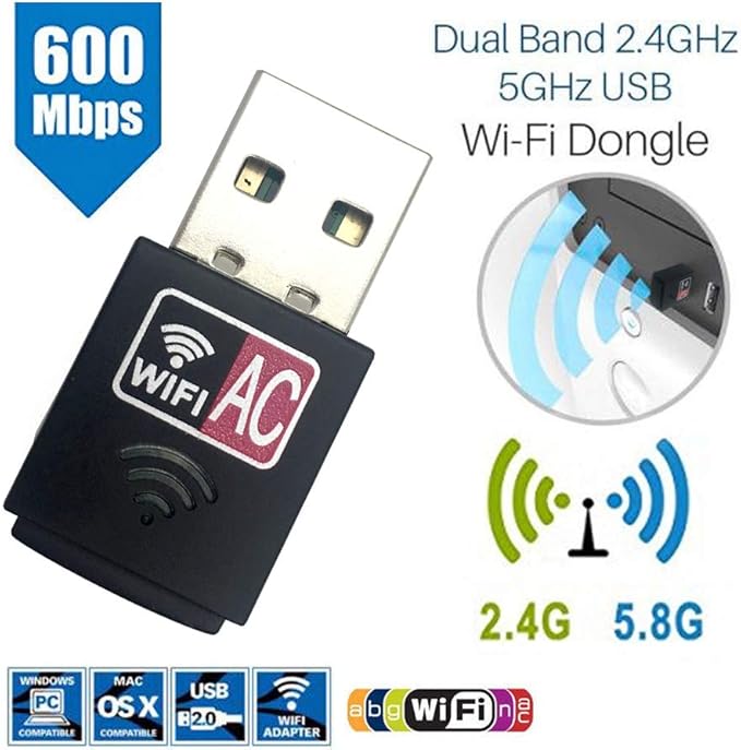 Wifi Wireless Dongle Adapter 2.4GHz 5GHz Dual Band 600Mbps USB