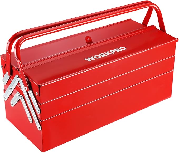 WORKPRO Metal Tool Box, 18-Inch Cantilever Folding Red Storage Box, 3-layer 5-Tray Multi-function Tool Organizer, Red