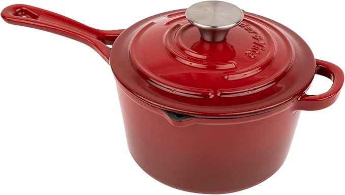 Larder & Vine Enameled Cast Iron 2.2 Quart Saucepan with Lid | (2.1L) | Cast Iron Pan with Pour Spouts, Ergonomic Handle, Helper Handle, Interior