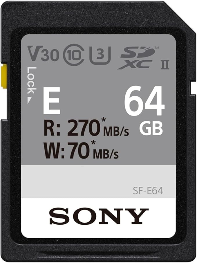 Sony E Series SDXC UHS-II Card 64GB, V30, CL10, U3, Max R270MB/S, W70MB/S (SF-E64/T1)