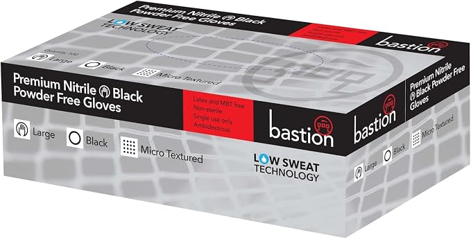 Bastion Premium Nitrile Powder Free Gloves, Medium, Black (Pack of 100)