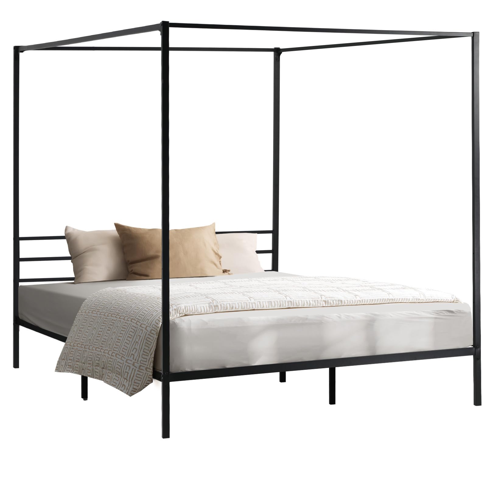 Oikiture Metal Canopy Bed Frame Single Size Beds Platform White