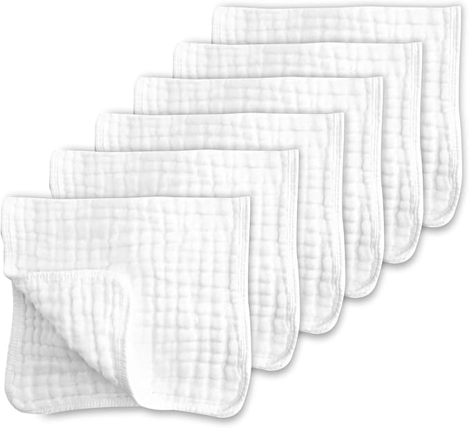 CottCare Muslin Burp Cloths For Baby 100% Cotton Large 20''x10'' 6 Layers Thicken Super Soft and Absorbent (6 Pack,white)