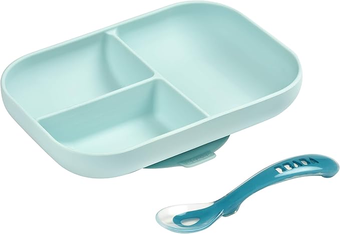 Beaba Silicone Suction Divided Plate & Spoon - Blue