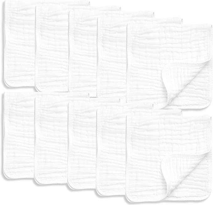 AllSett Health 10 Pack Muslin Burp Cloths Large 20" by 10" 100% Cotton, Hand Wash Cloth 6 Layers Extra Absorbent and Soft White