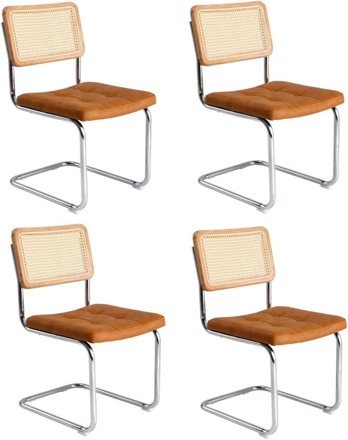 Oikiture 4x Rattan Dining Chair Cesca Replica Cantilever PU Leather Padded Brown
