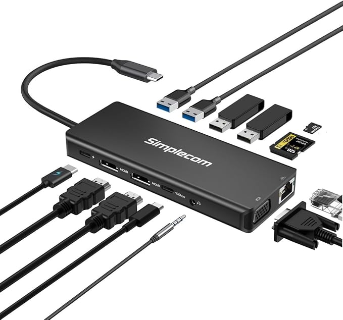 Simplecom CHN613 USB C 13 in 1 Multiport Docking Station Dual HDMI + VGA Triple Display USB 3.2 Gen 2 10Gbps