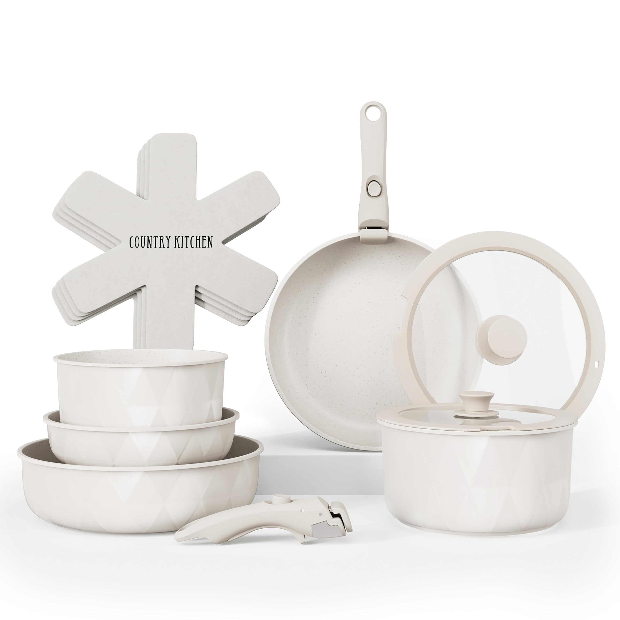 Country Kitchen 13 Piece Pots and Pans Set - Safe Nonstick Kitchen Cookware with Removable Handle, RV Cookware Set, Oven Safe (Diamond, Cream)