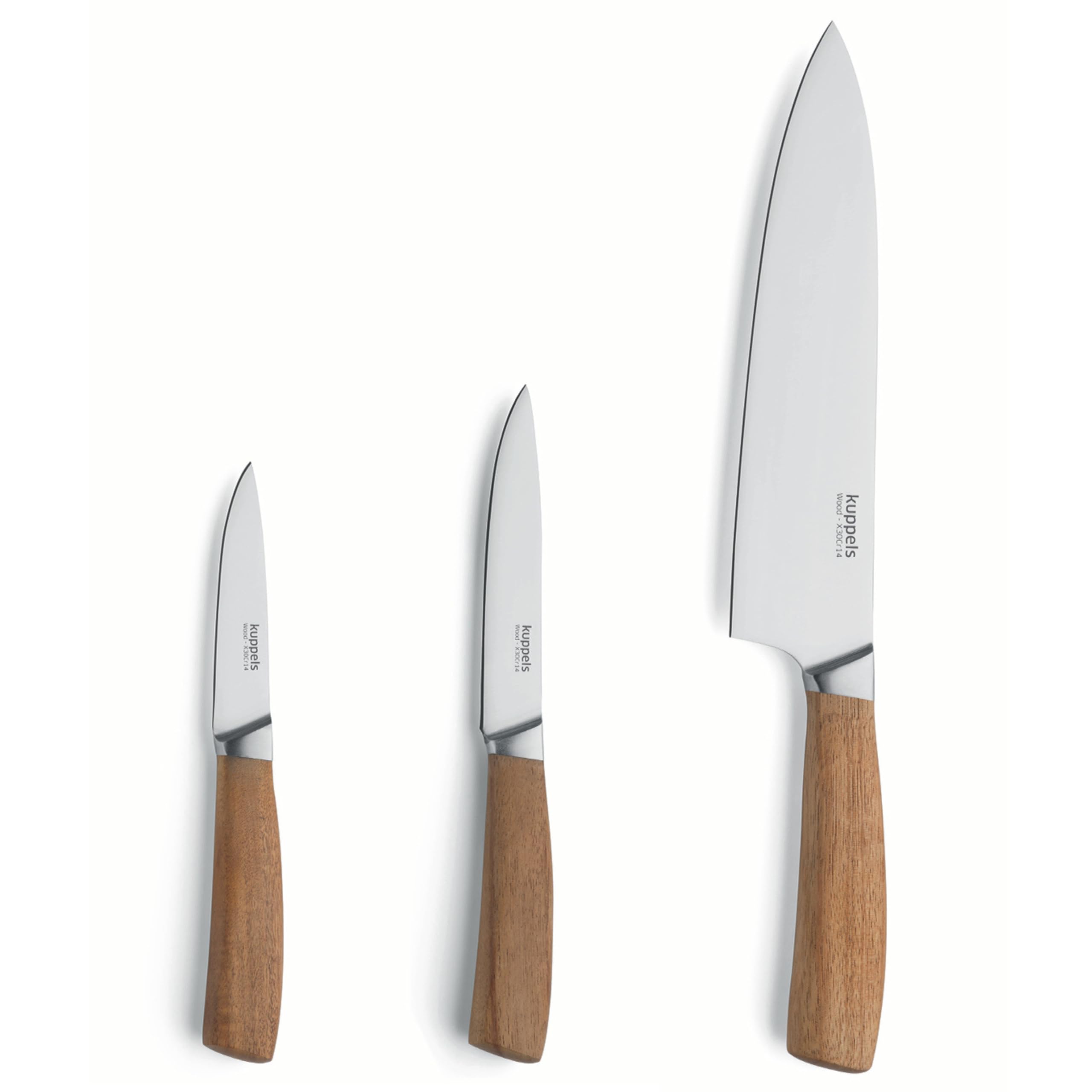 Kuppels Wood Knife Set, 3 Pieces, Sharp Knife with Acacia Wood Handle, Hardened Stainless Steel Blade, Chef's Knife, Utility Knife, Vegetable Knife, 