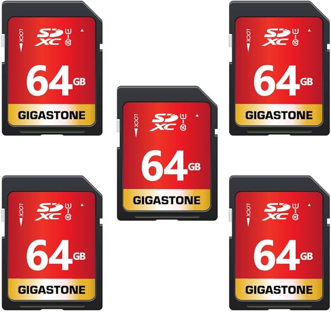 Gigastone 64gb 5-Pack SD Card UHS-I U1 Class 10 SDXC Memory Card High Speed Full HD Video Canon Nikon Sony Pentax Kodak Olympus Panasonic Digital