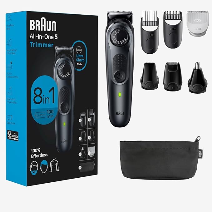 Braun All-in-One Style Kit Series 5 5480, 8-in-1 Trimmer for Men with Beard Trimmer, Body Trimmer for Manscaping, Hair Clippers & More, Ultra-Sharp