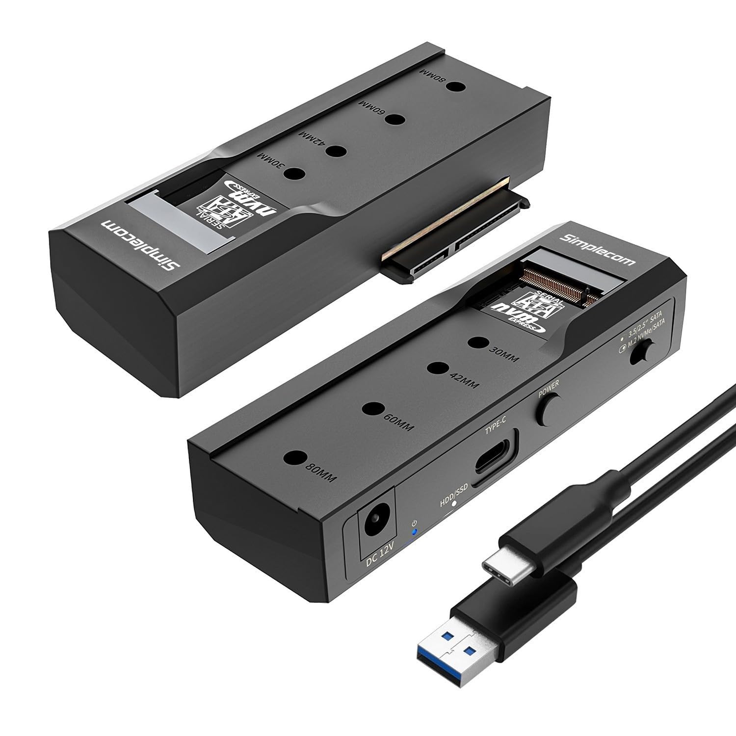 Simplecom SA536 USB to M.2 and SATA 2-in-1 Adapter For 2.5"/3.5" HDD & NVMe/SATA M.2 SSD With Power Supply USB 3.2 Gen2 10Gbps