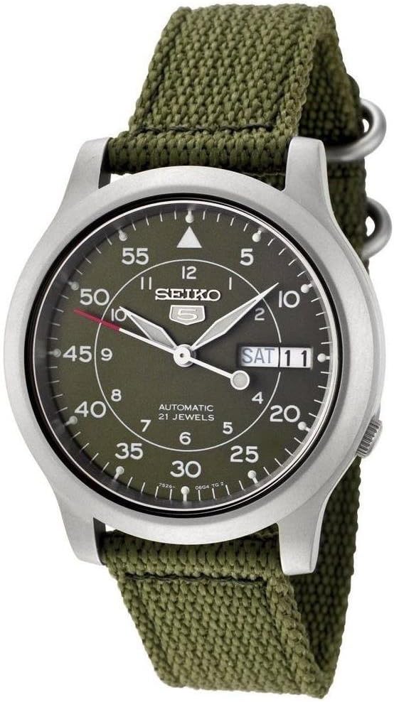 Men's SNK805 SEIKO 5 Automatic Stainless Steel Watch with Green Canvas, Green, 37 mm, casual