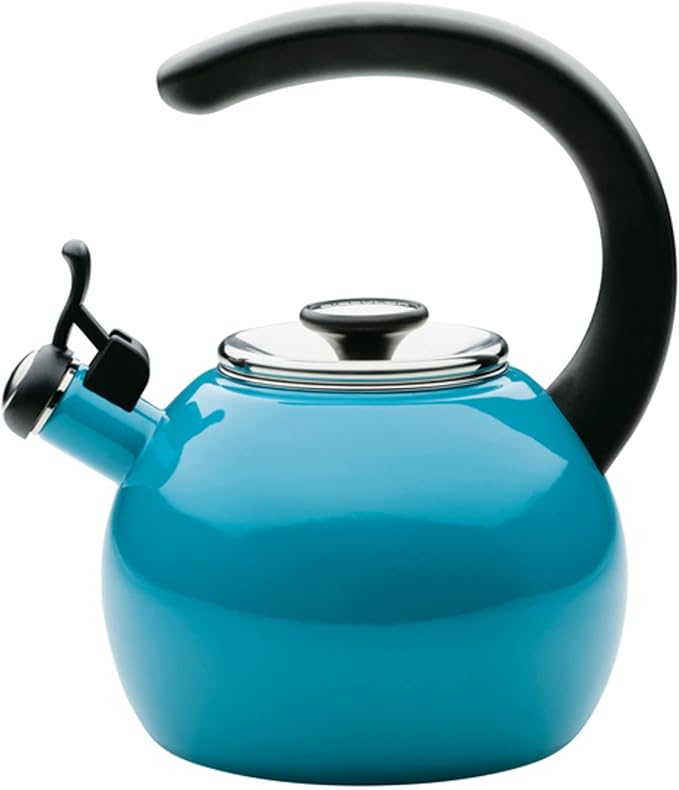 Circulon Enamel On Steel Whistling Teakettle/Teapot with Flip-Up Spout, 2 Quart - Turquoise Blue