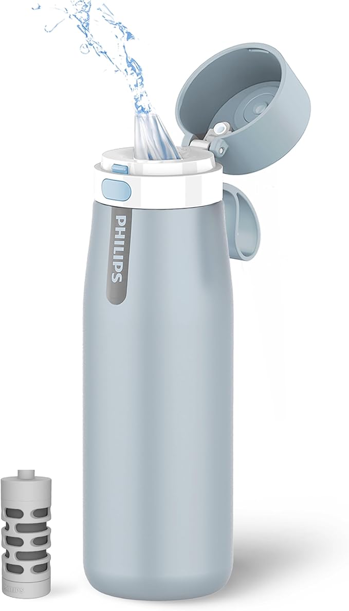 Philips Filtered Water Bottle, Insulated Stainless Steel Water Purifier Bottle for Daily Life & Travel, BPA Free with GoZero Everyday Filter for
