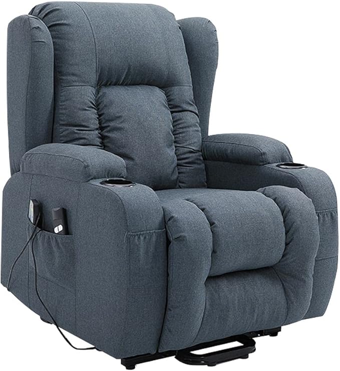 Electric Massage Chair Recliner Linen Fabric Sofa Lift Motor Armchair 8 Point Heating Blue
