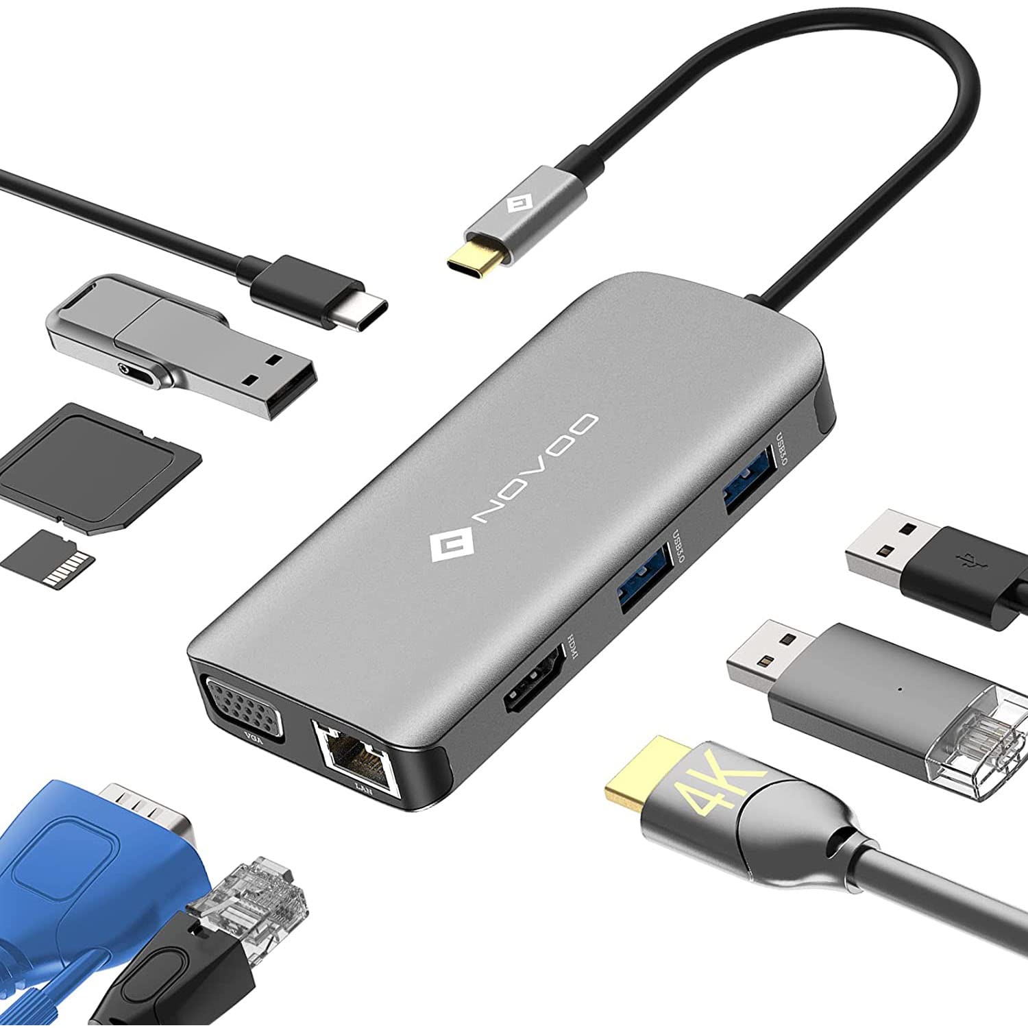 NOVOO 9 in1 USB Hub Multiport Adapter, USB Hub 3.0 with Ethernet, USB C to 4K HDMI & VGA, 3 USB 3.0 Ports, SD/TF Card Reader, 100W PD Power Port,