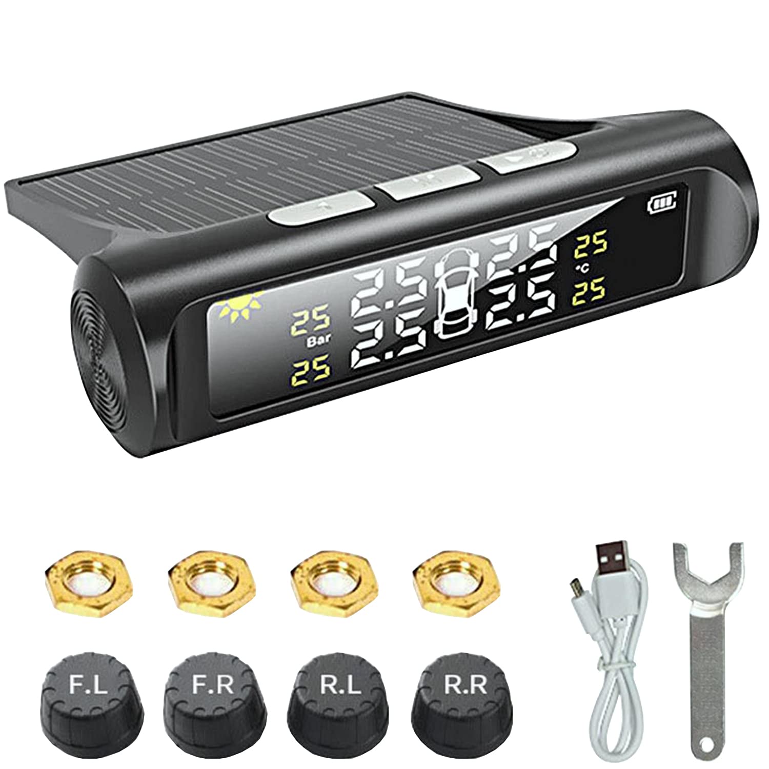 Solar Wireless TPMS Car Tire Tyre Pressure Monitoring System 4 Sensors