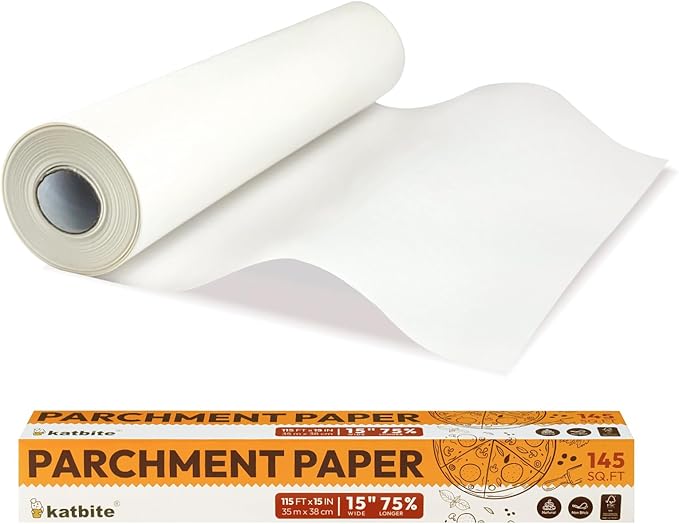 Katbite Parchment Paper Roll for Baking, 15 in x 210 Ft 260 Sq.Ft, Heavy Duty Baking Paper with Slide Cutter, Easy to Cut & Non-Stick Cooking Paper