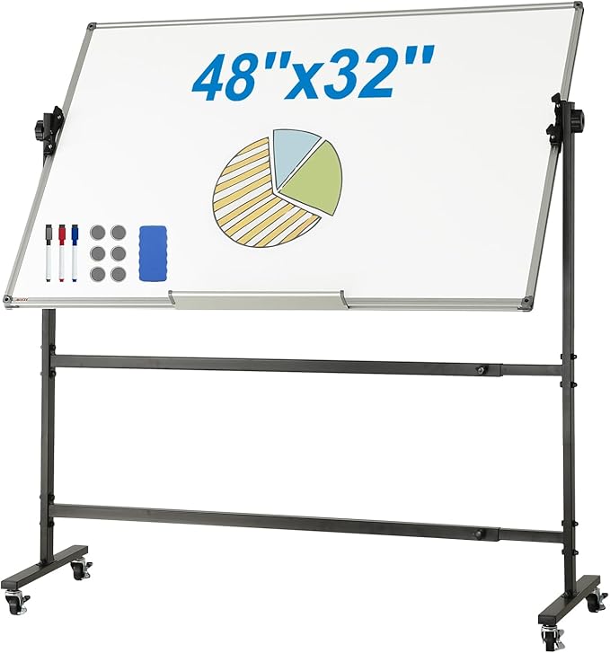 VEVOR Rolling Whiteboard 48x32 Inch Double-Sided Magnetic Mobile Whiteboard 360° Reversible Adjustable Height Dry Erase Board with Wheels & Movable