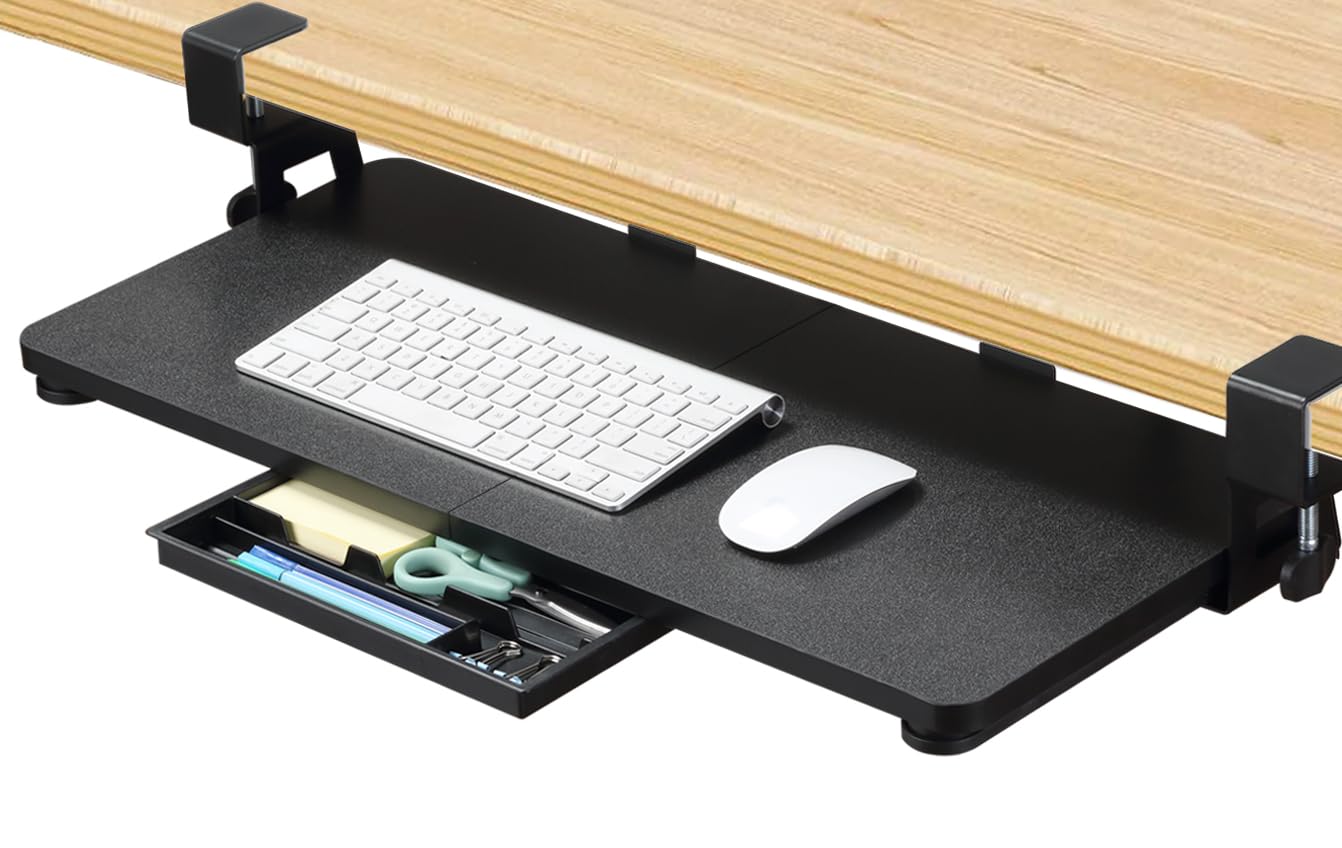 VEVOR Clamp On Keyboard Tray Under Desk Desk Keyboard Tray Slide Out With Sturdy No-drill C Clamp Mount Large 26.8 x 11 Inch Slide-Out Computer