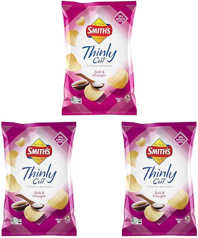 12 x Smiths Thinly Cut Potato Chips Salt & Vinegar 175g - AfterPay & zipPay Available