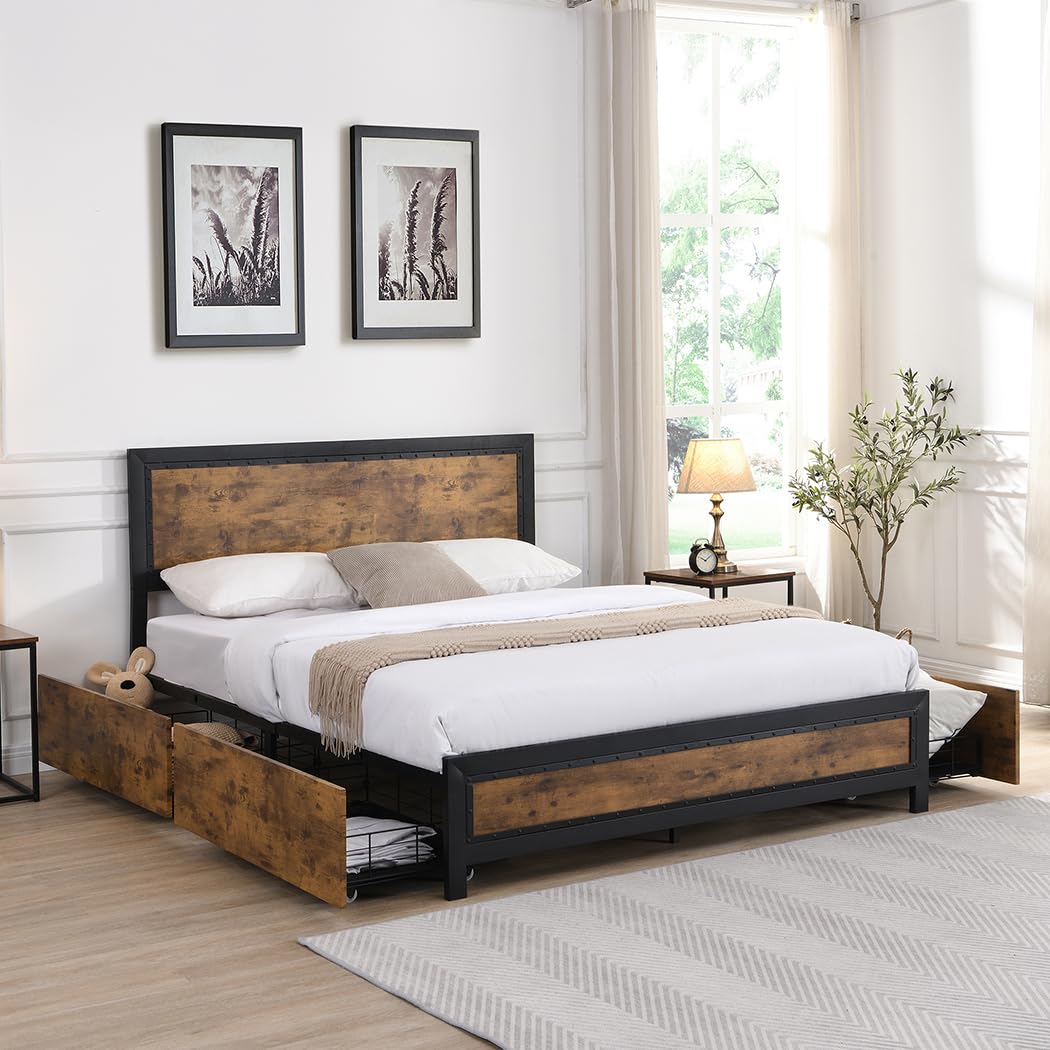Levede Queen Bed Frame Industrial Mattress Base Wooden 4 Storage Drawers