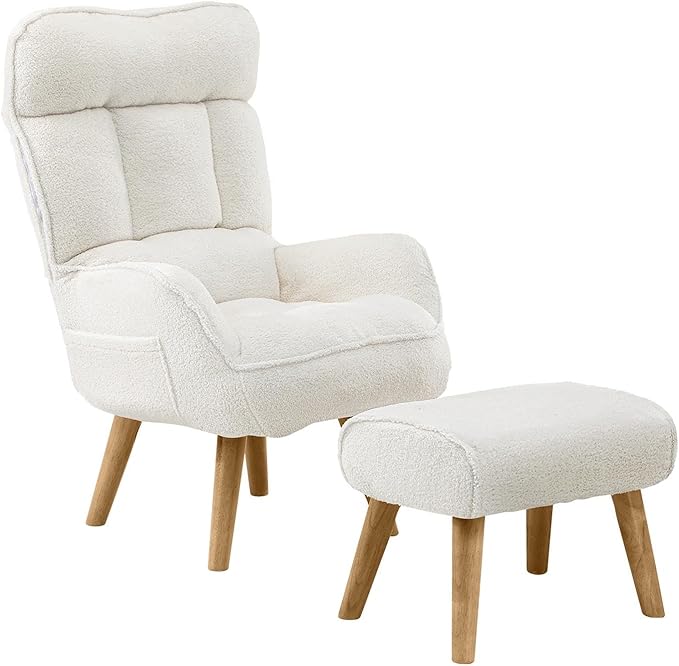 Oikiture Swivel Recliner Armchair Lounge Ottoman Accent Chair With Stool Sherpa - White