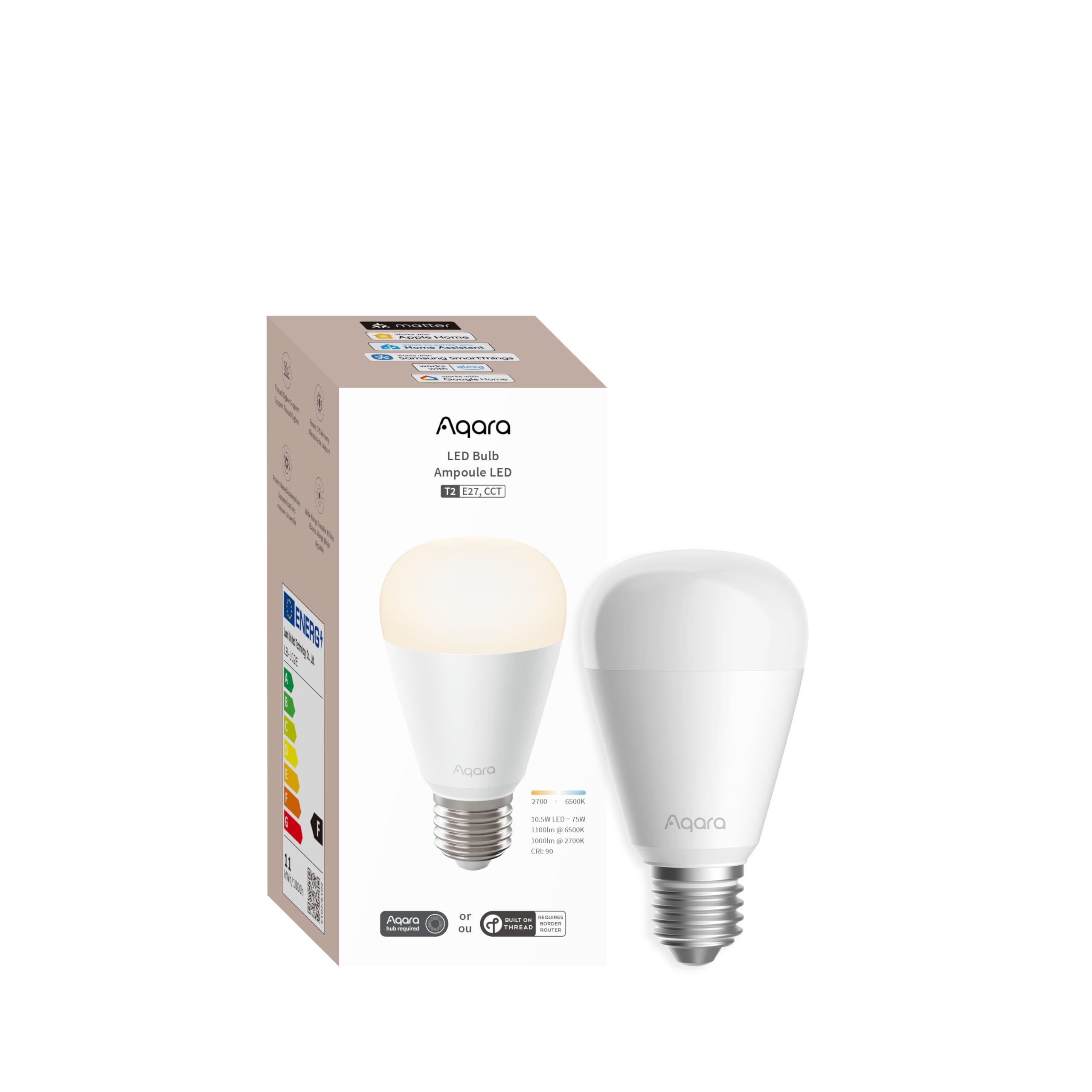 Aqara T2 LED Bulb (E27, CCT), Thread/Zigbee, Dimmable, White, 2700K-6500K, 75W Equivalent, Matter, Smart Bulb Compatible with HomeKit, Alexa, Google 