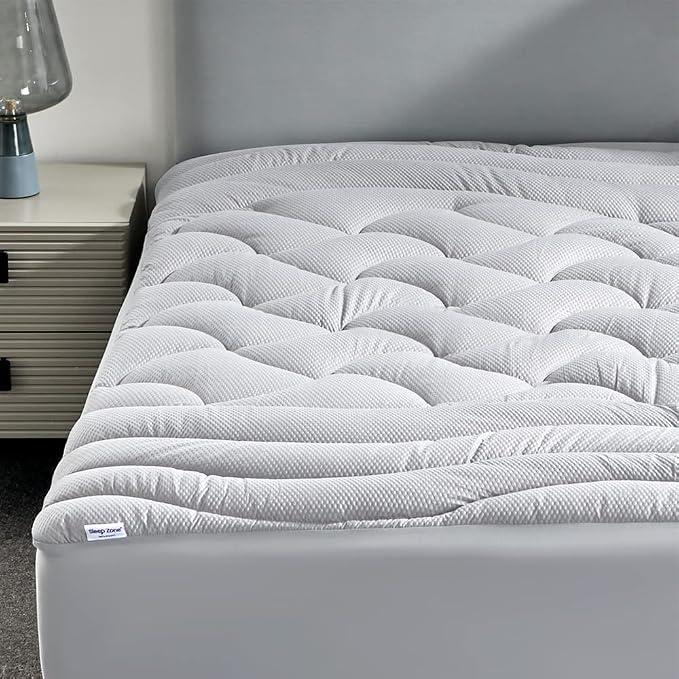 Sleep Zone Athletic Cooling Mattress Pad Cover, Quilted Fitted Fluffy Pillow Top Mattress Protector Topper Deep Pocket 21" with Wide Elastic Skirt,
