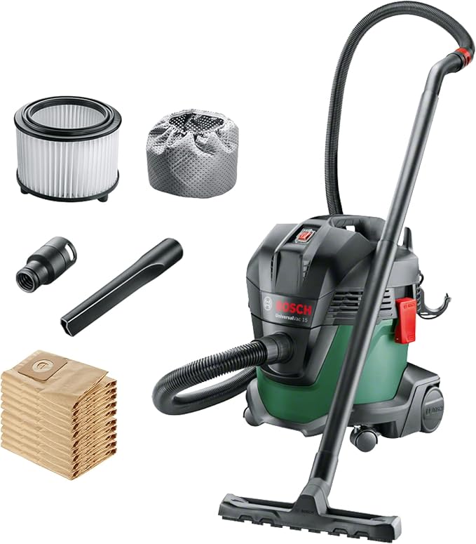 Bosch Wet & Dry Vacuum Cleaner with Blowing Function UniversalVac 15 (1000W, 15 Litre, 5 x Replacement Paper Filter Dust Bags Inc)