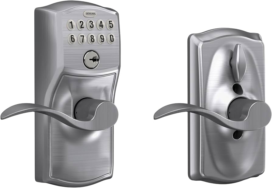 Schlage Keypad Lever with Camelot Trim and Accent Lever with Flex Lock (Satin Chrome)