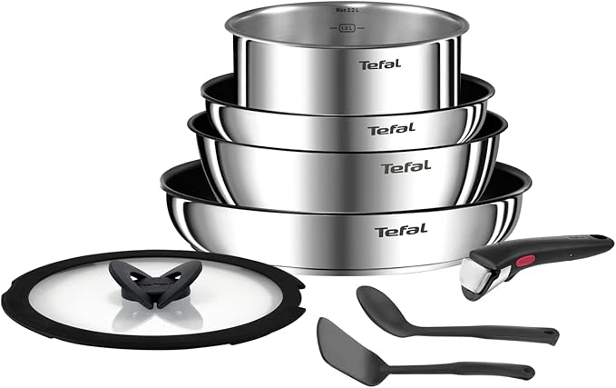 Tefal Ingenio L8979804 8-Piece Cookware Set for All Heat Sources Including Induction Non-Stick Coating, Stainless Steel, Stackable