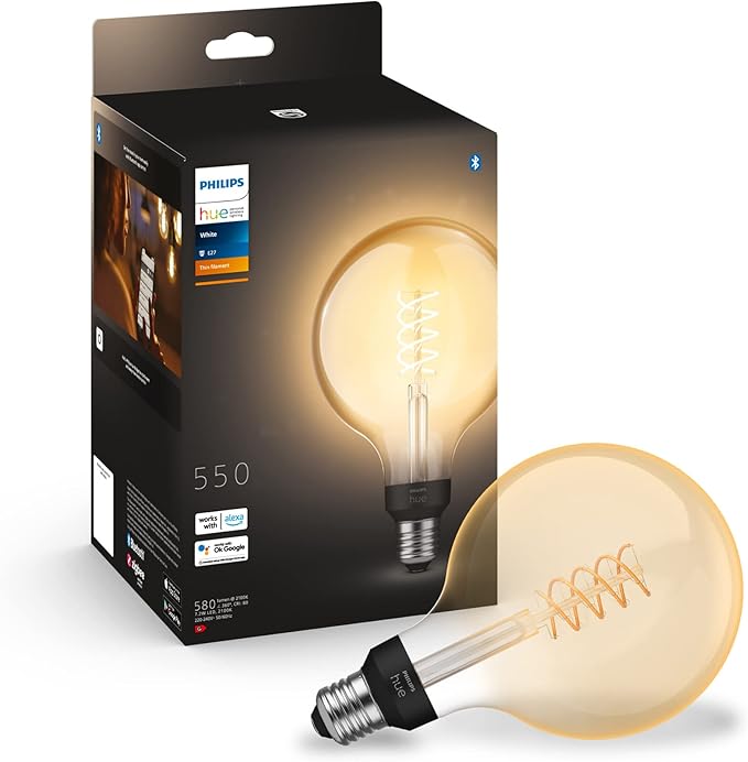 Philips Hue White E27 Filament G125 550 lm, Warm White Light, Dimmable, Controllable Via App, Compatible With Amazon Alexa (echo, Echo Dot)