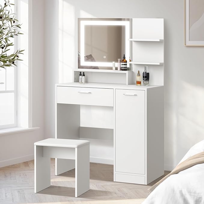 Oikiture Dressing Table Stool Set Makeup Mirror LED Light Large Cabinet White