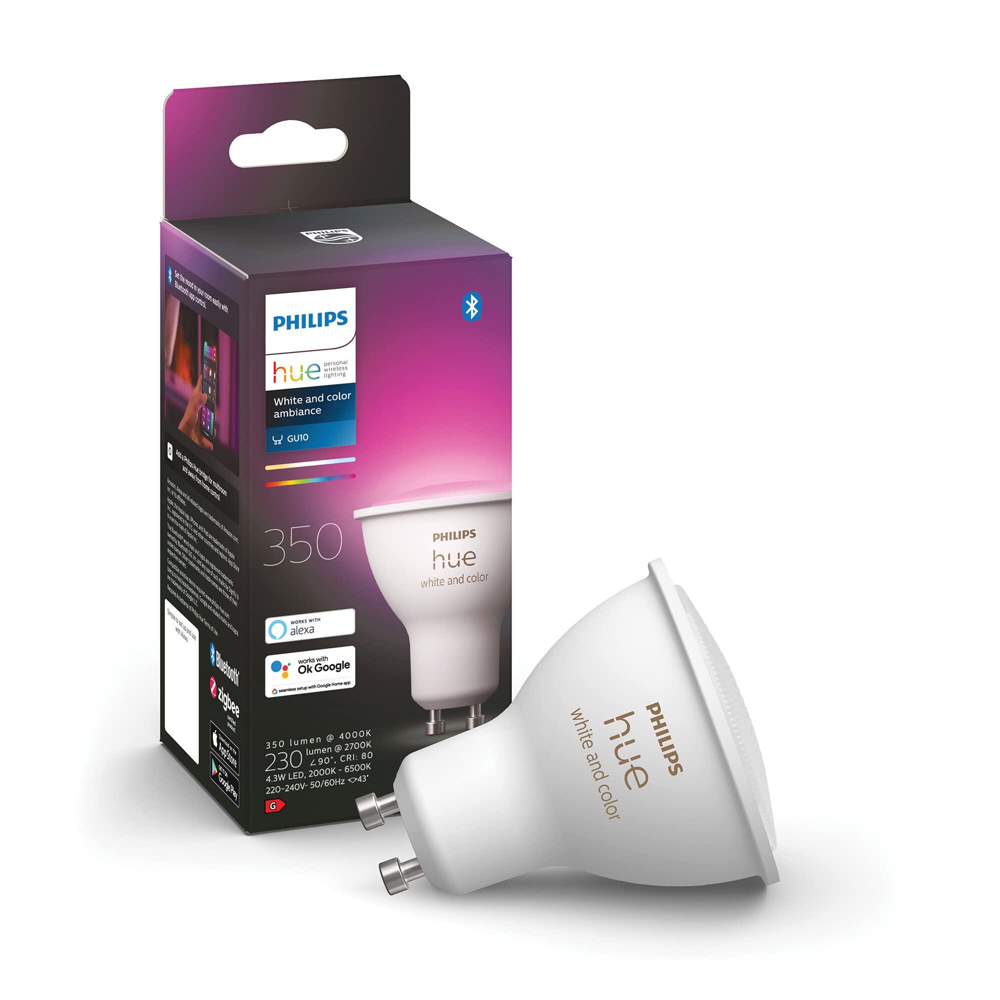 Philips Hue White and Colour Ambiance Single Smart Spotlight LED [GU10 Spot] with Bluetooth, Compatible with Alexa and Google Assistant