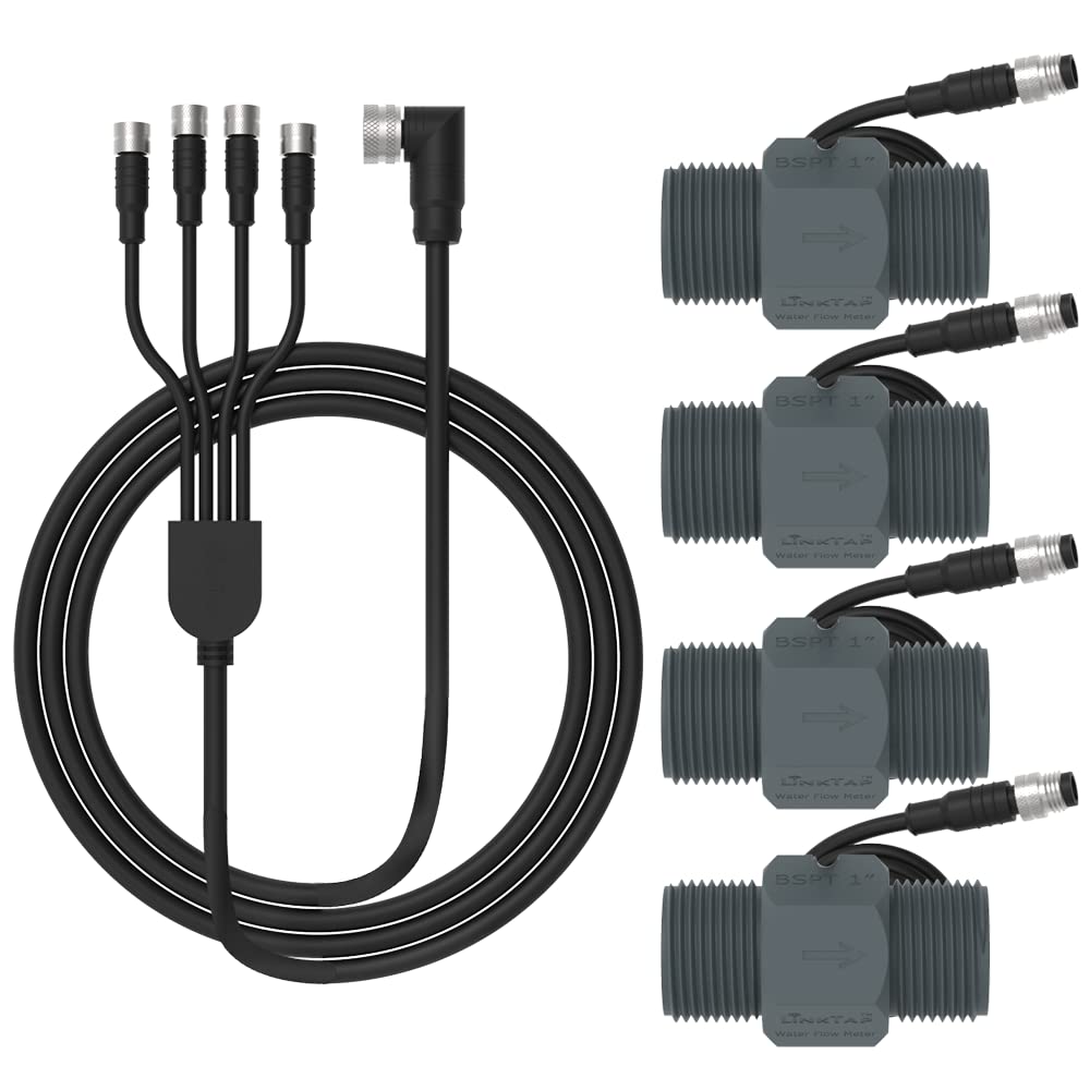 LinkTap 1" BSPT Flow Meter x 4 & 1.5m 4-in-1 Connection Cable, USED With LinkTap 4-Zone Smart Sprinkler Controller ValveLinker, Compatible With