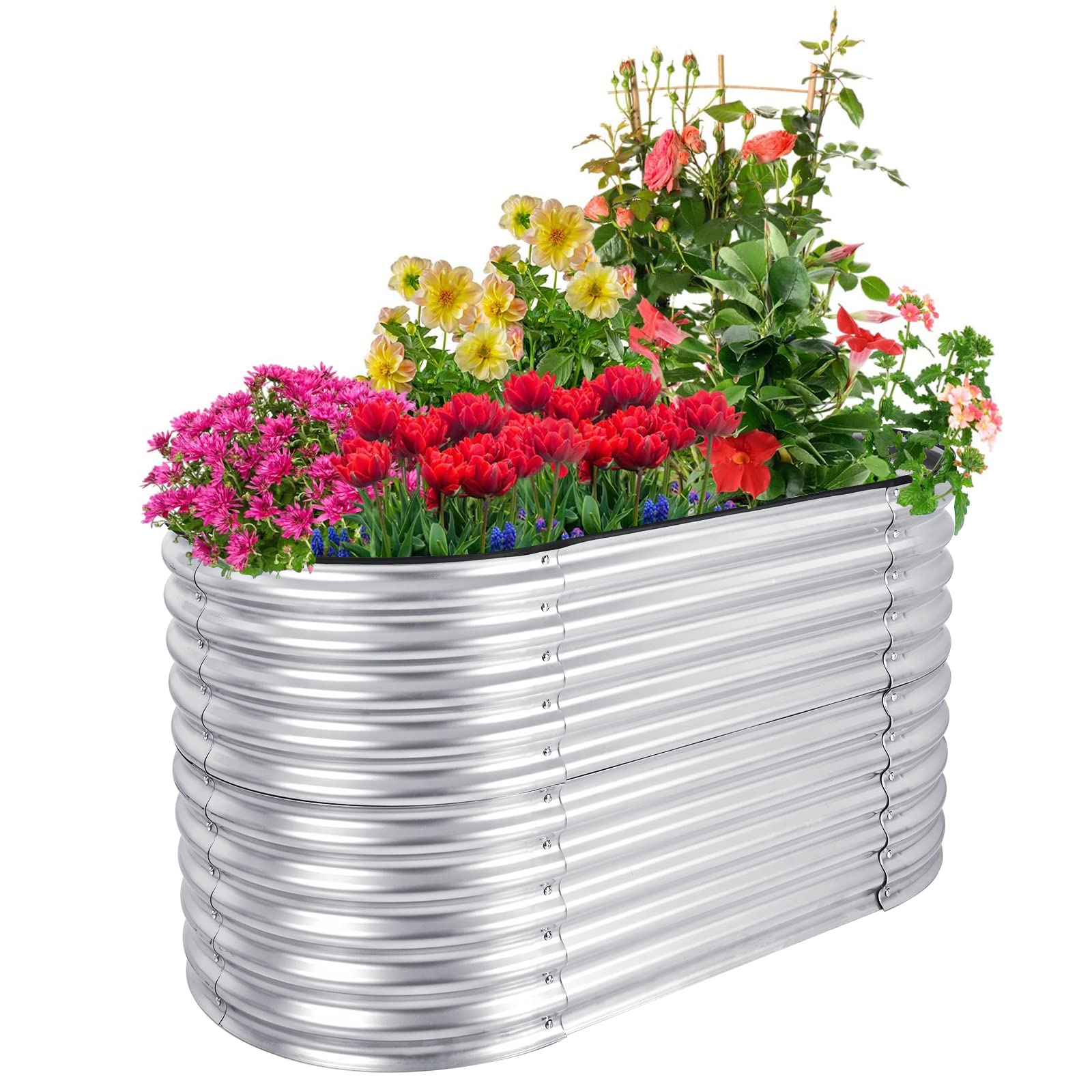 Costway Raised Garden Bed Metal Planter Box Oval Outdoor Plants Vegetables Flowers Planter Bed Silver