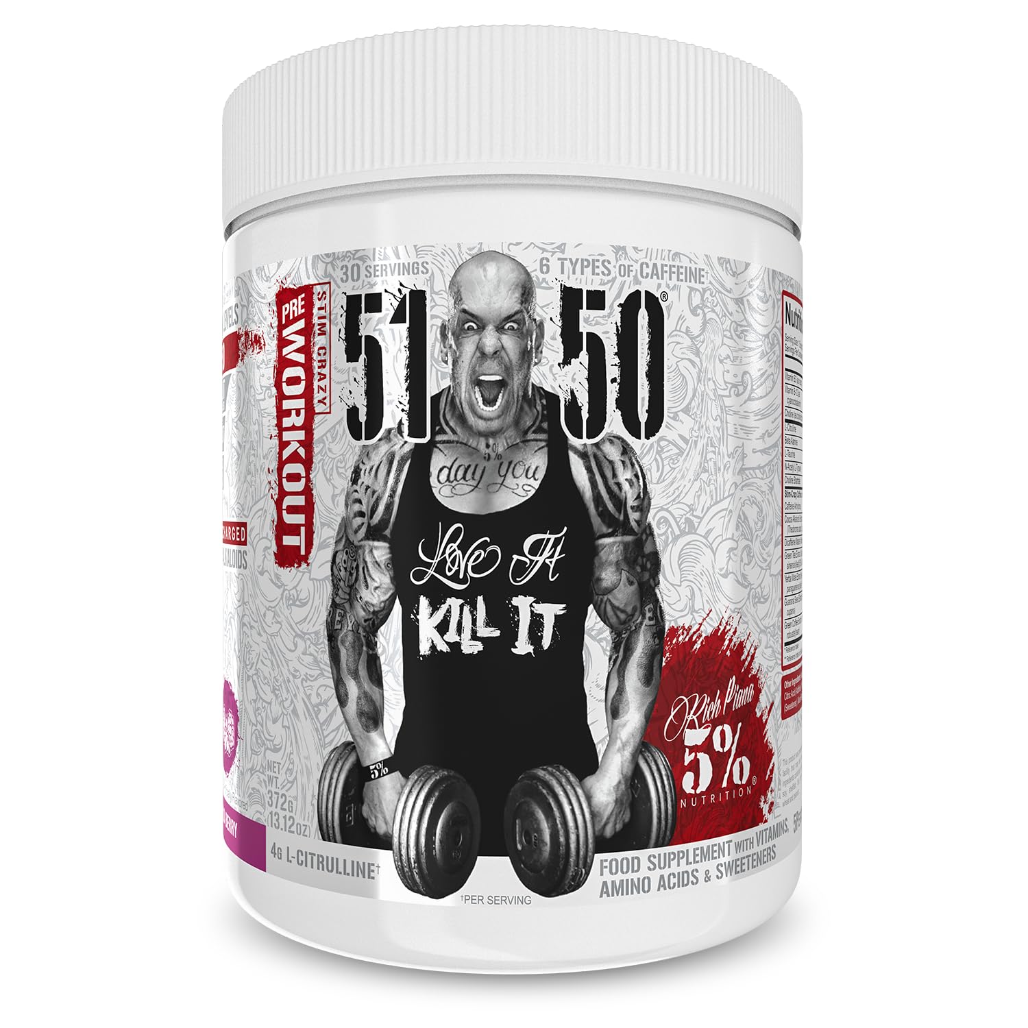 5% Nutrition - 5150 - Pre-Workout - Wildberry Flavour - Stim Crazy - 4g L-Citrulline - 6 Types of Caffeine - 400mg Caffeine - 30 Servings - Rich Piana