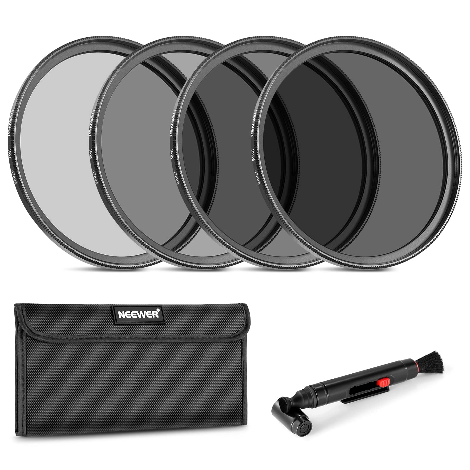 Neewer 67mm ND Lens Filter Kit: ND2 ND4 ND8 ND16, Lens Cleaning Pen, Filter Pouch Neutral Density Filter and Accessory Kit Compatible With Canon Nikon