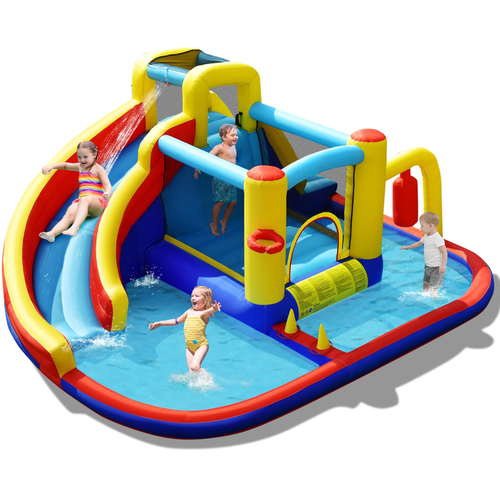 Costway 7-in-1 Inflatable Water Slides Kids Trampoline Jumping Castle Water Park Splash Pool w/Blower