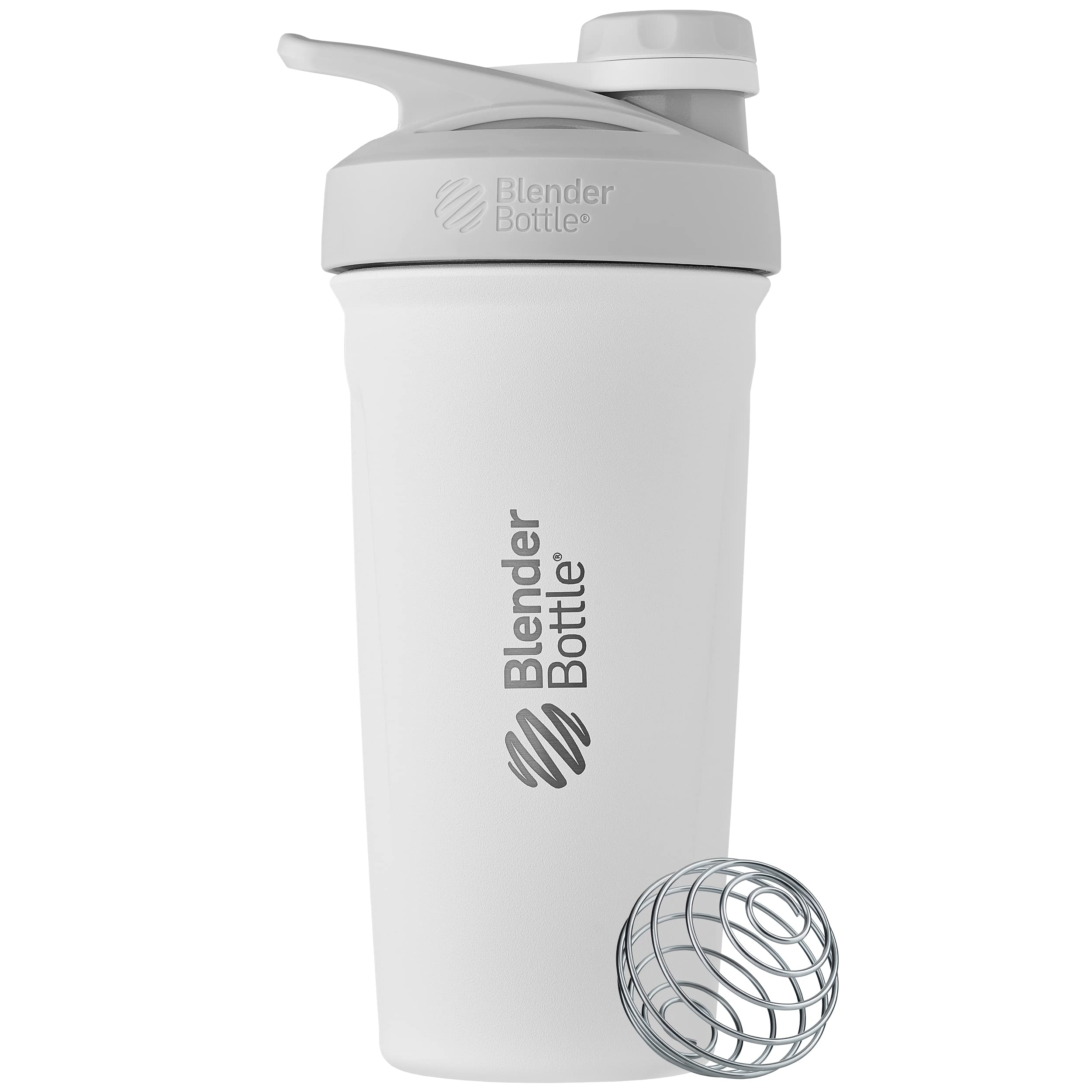 BlenderBottle Strada Twist Cap Shaker Cup Insulated Stainless Steel Water Bottle With Wire Whisk, 24-Ounce, White