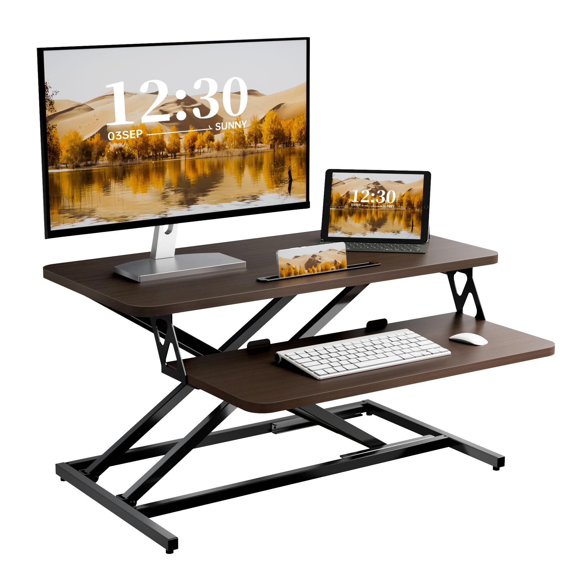 Ergomaker Height Adjustable Standing Desk Converter - 81cm (32 inch) Wide Platform Tabletop Workstation - Quick Sit to Stand Desk Riser for Dual