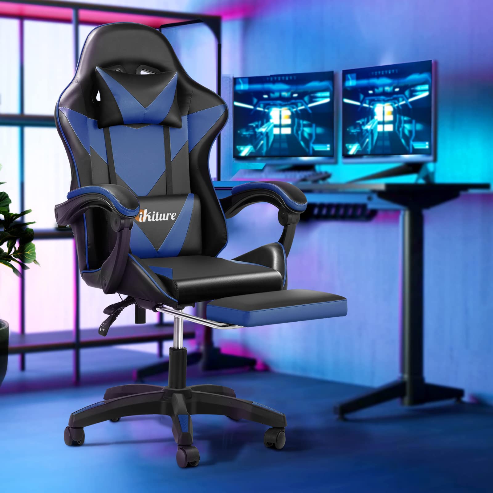 Oikiture Gaming Chair Massage Racing Recliner Office Pu Leather With Footrest